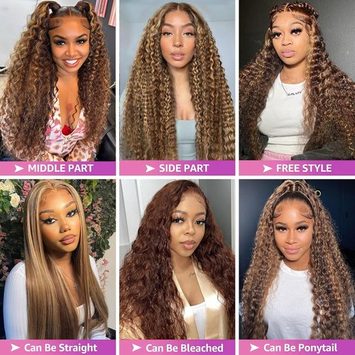 Harmsh Highlight Ombre 13x6 Lace Front Wig Human Hair 210 Density 12 Inch Deep Wave Honey Blonde Glueless HD Transparent Lace Frontal Wigs for Women