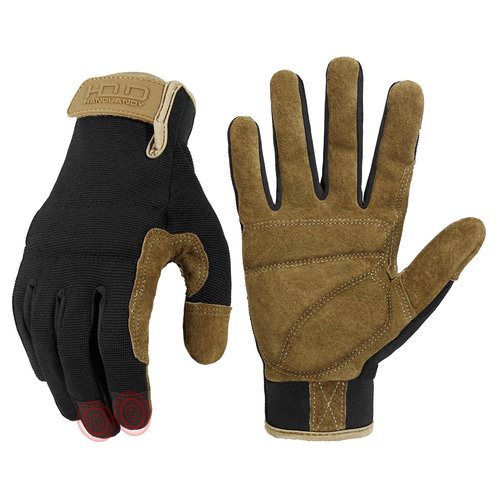 HANDLANDY Leather Work Gloves for Men & Women, Utility Mechanic Touch Screen Working Gloves for Gardening, Driving, Tool Handling, Construction (Brown Black, Medium)