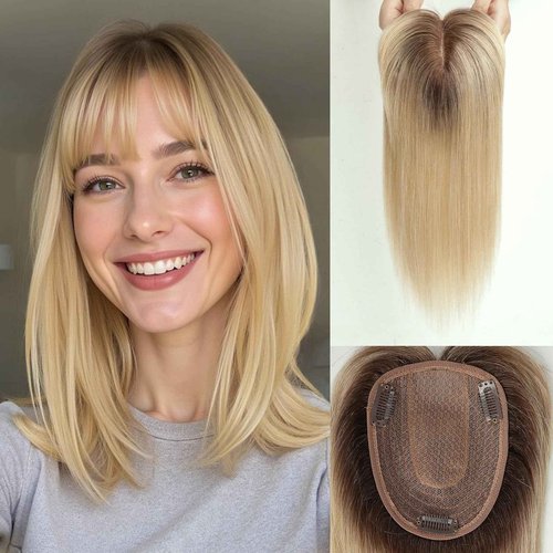 starluck Hair Toppers for Women Real Human Hair with Bangs 4.5"*5.5"Large Base 14 Inch 100% Real Human HairToppers for Women with ThinningHair Cover Gray Roots(ombre Light Blonde)