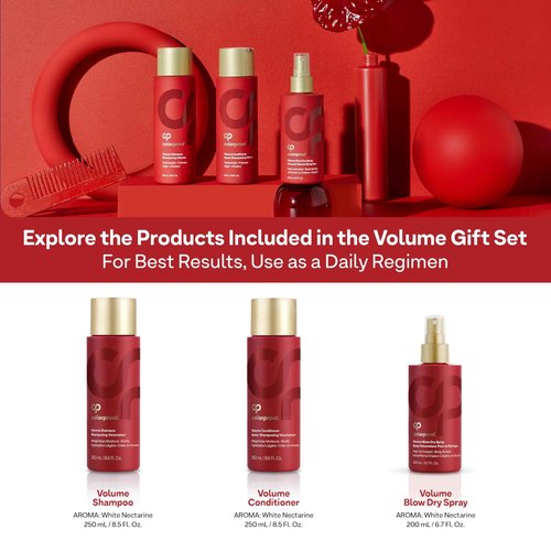 Colorproof Volume Holiday Gift Set — Volume Shampoo (8.5 Fl. Oz.), Volume Conditioner (8.5 Fl. Oz.), and Volume Blow Dry Spray Primer (6 Fl. Oz.) — White Nectarine Scent