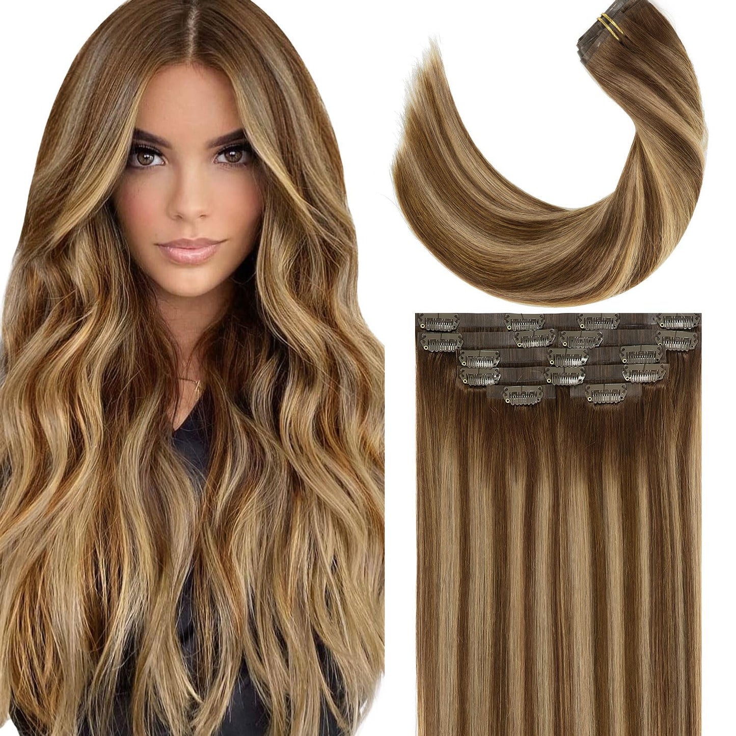 Lacer Hair Real Colored Clip in Hair Extensions Balayage Chocolate Brown to Caramel Blonde 18 Inch Clip in Invisible PU Skin Weft Remy Natural Thick Silky Straight Hair 7pcs 110g for Fashion Women