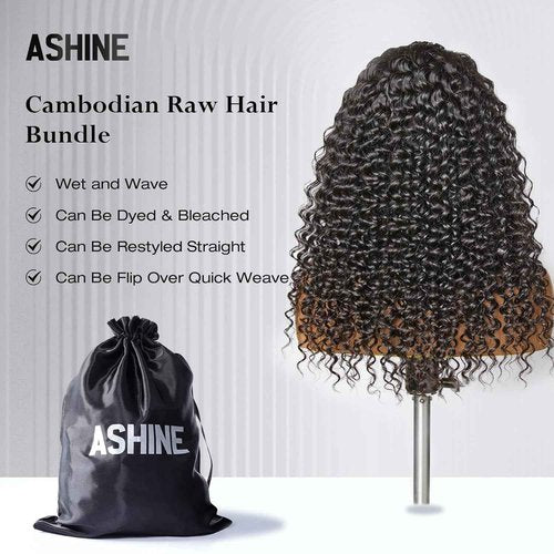 ASHINE Human Hair Bundle Deep Wave Unprocessed Cambodian Raw Hair 26 Inch, Flip Over Quick Weave Wet and Wave Bundles for Women Natural Black