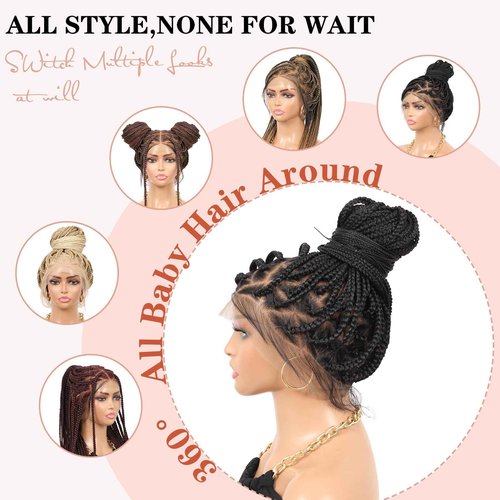 Lexqui 36" 360° HD Full Lace Braided Wigs for Women Box Braid Wig with Baby Hair Handamde Synthetic Hair Triangle Knotless Braided Wigs Natural Braid Lace Front Wig Blonde