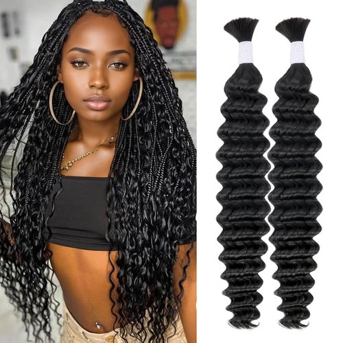 Deep Wave Bulk Human Hair for Braiding 10A Brazilian Curly Human Hair 100 percent Human Hair 2 Bundles No Weft micro Human Braiding Hair for Boho Braids Virgin Hair Extension(Natural Black, 100g 24")