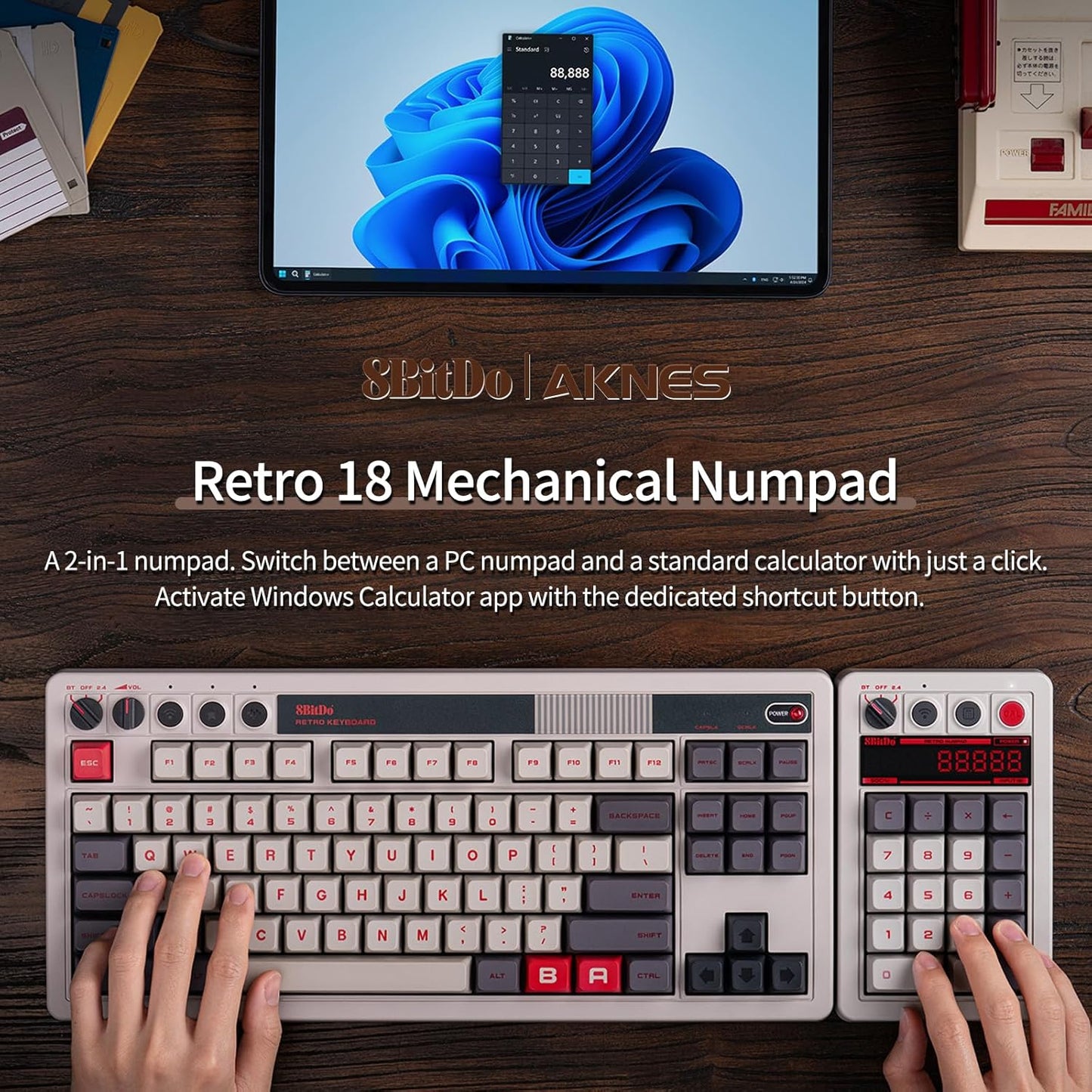 AKNES 8BitDo Retro 108 Mechanical Keyboard, Hot Swappable Gaming Keyboard with 108 Keys&Integrated Numpad, Dual Super Buttons, Bluetooth/2.4G/USB-C Keyboard for Windows & Android - N Edition