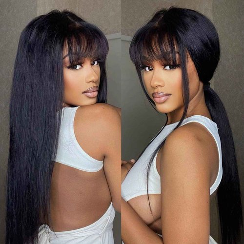 HLSK hair Mechine Made wig human hair natural black body wave 150% density with Pre Plucked Hairline with baby hair grade 10A hair wig (20, Straight wig with Bang)