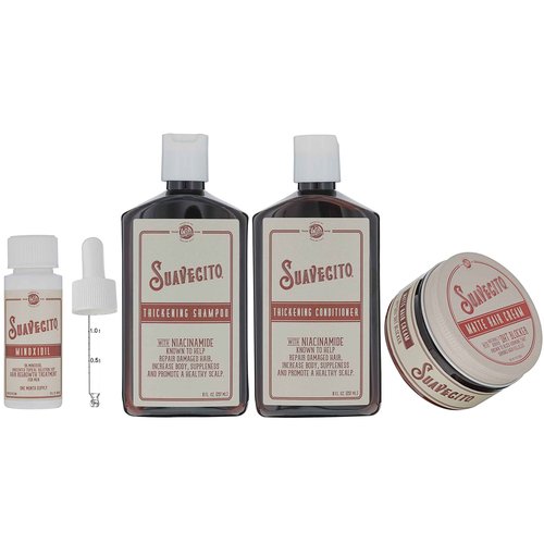 Suavecito Hair Loss Treatment Kit For Hair Regrowth - Minoxidil 5%, Hair Thickening Shampoo & Conditioner With Niacinamide & Biotin, Matte Hair Cream With DHT Blocker (3 Month Minoxidil)