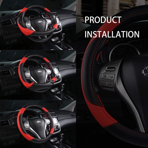 Leather Car Steering Wheel Cover, Non-Slip Car Wheel Cover Protector Breathable Microfiber Leather Universal Fit for Most Cars (Black & Red)