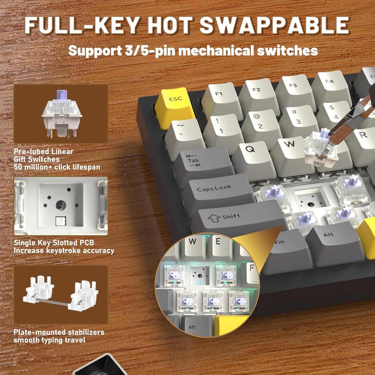 Attack Shark ajazz AK820 Wired Mechanical Gaming Keyboard with Volume Knob Hot Swappable 75% Gasket Keyboard 5-Layer Noise Absorbing Foam PBT Keycap Ice Blue Backlit Blue Switch for PC/Win/Mac-White