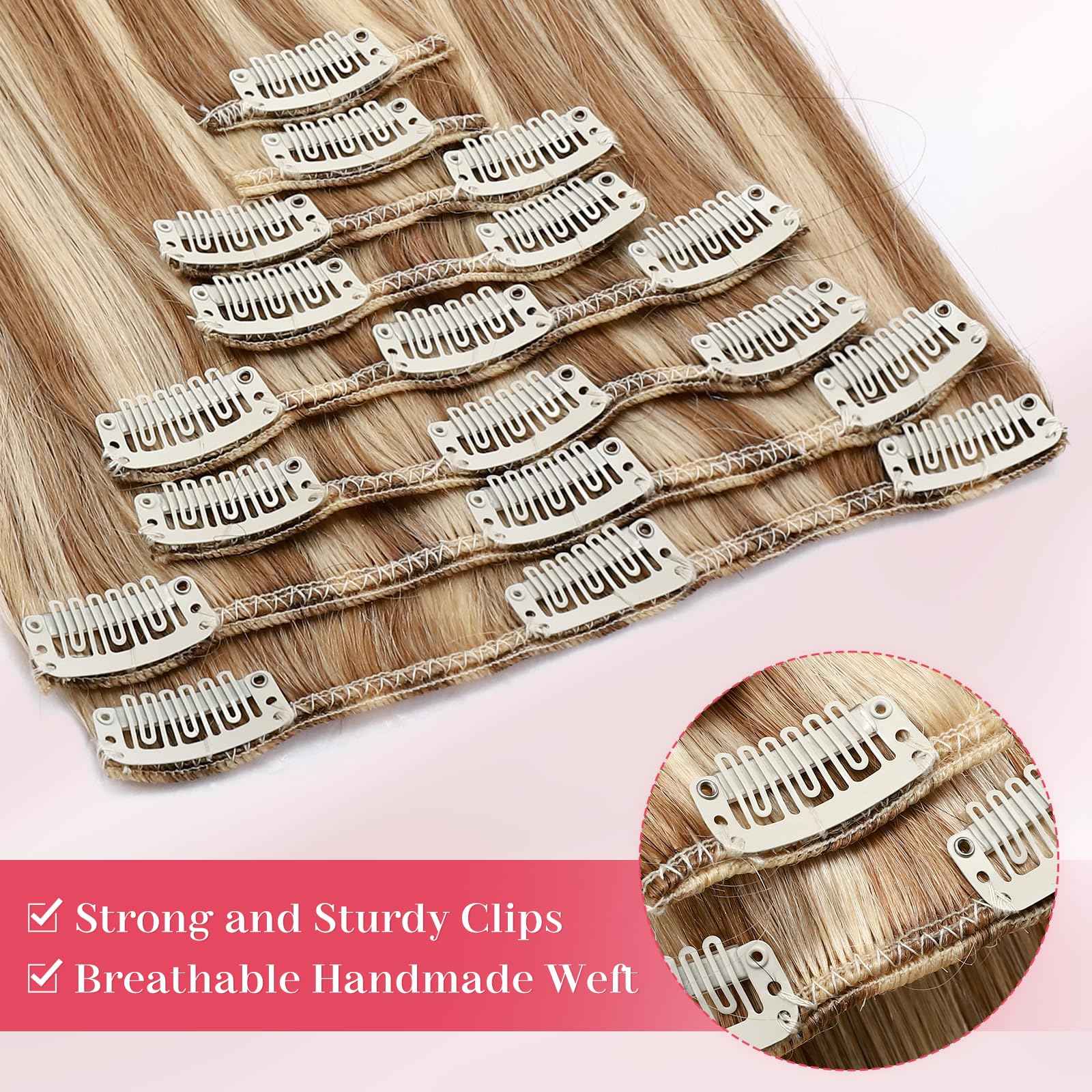 MY-LADY Clip In Hair Extensions Real Human Hair 16 Inch 8pcs Remy Real Hair Extension Clip ins #12/613 Light Brown with Bleach Blonde 90g Silky Straight