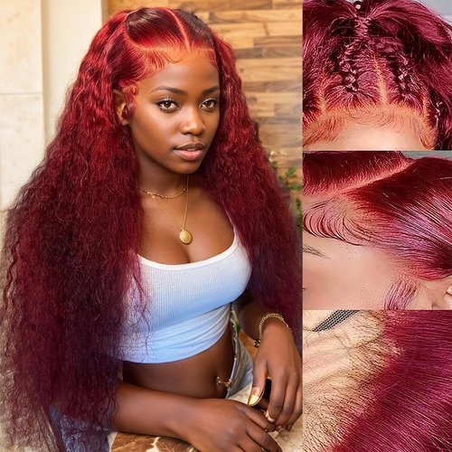 Curly Burgundy Lace Front Wigs Human Hair 13x4 99J Red Curly Lace Front Wig Human Hair 180% Density HD Transparent Frontal Wig Colored Pre Plucked with Baby Hair Glueless Wigs (20 Inch, #99J Curly)