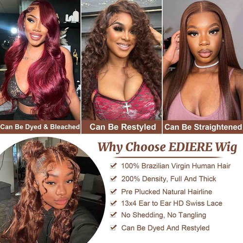ediere Chocolate Brown Lace Front Wig 200 Density Brown Body Wave 13x4 HD Lace Front Wigs Human Hair Pre Plucked with Baby Hair Brown wig Colored 4# Frontal Human Wig for Women (18 Inch)