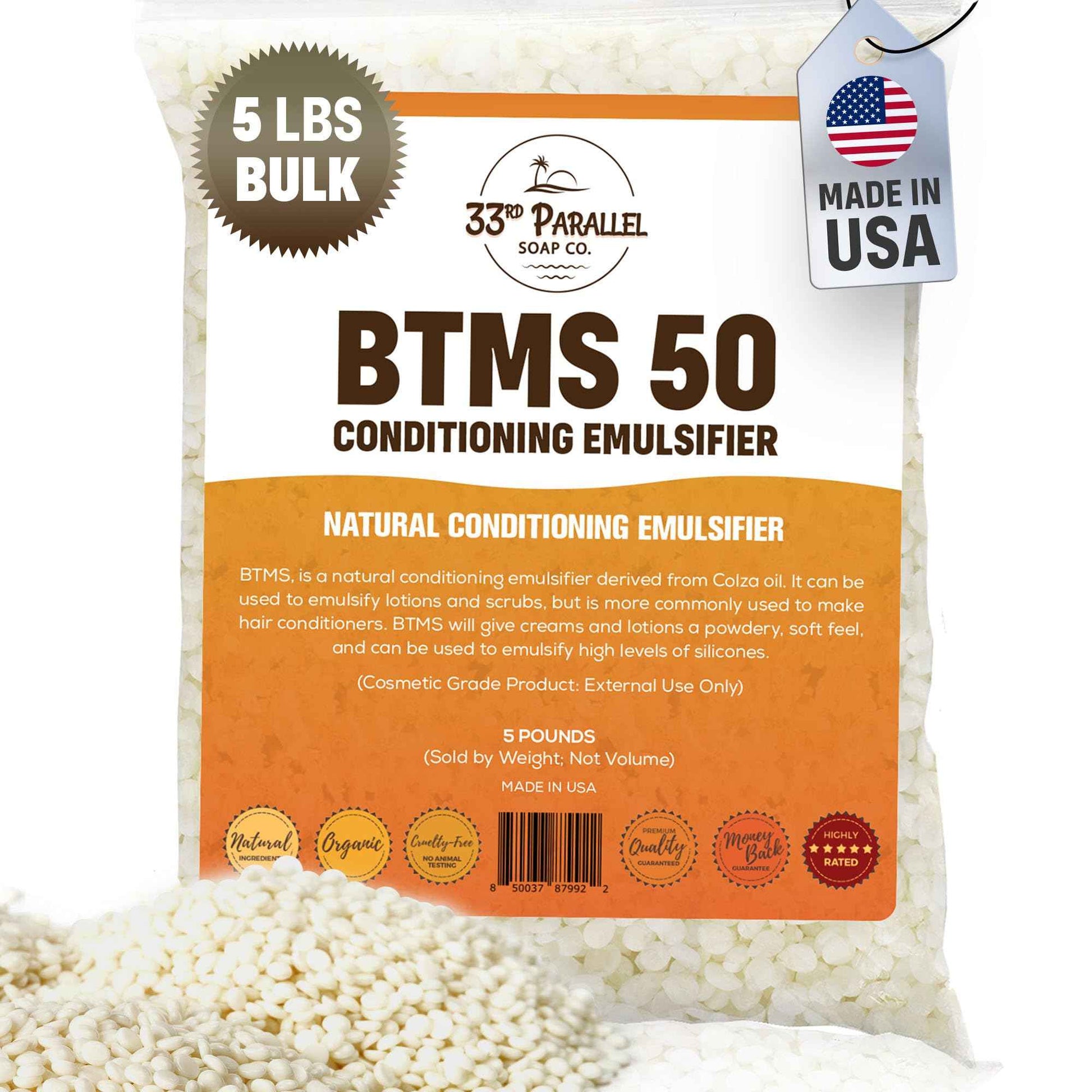 33rd PARALLEL | BTMS 50 (5 lbs / 80 oz) Bulk Conditioning Emulsifier | 100% Natural Plant Derived | Behentrimonium Methosulfate Cetearyl Alcohol Emulsifying Conditioner | Product of USA (5 POUNDS)
