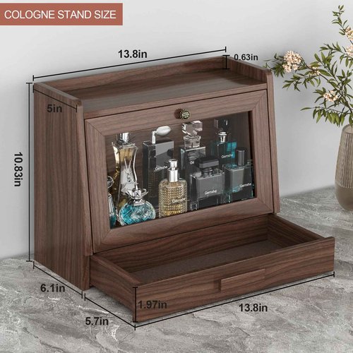 Cologne Organizer for Men,Cologne Stand with Acrylic Door,Large Capacity Ash Wood Cologne Holder Perfume Shelf with Desk & Nightstand Organizer,Mens Husband Birthday Gifts Ideas,Gifts for Men(Walnut)