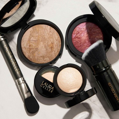 LAURA GELLER NEW YORK Daily Routine Kit (4 PC): Baked Balance-n-Brighten Foundation, Medium + Retractable Kabuki Brush + Blush-N-Brighten, Tropic Hues + Original Baked Highlighter, French Vanilla