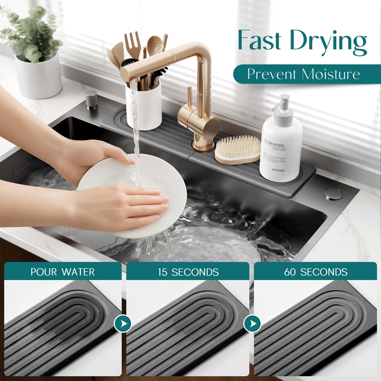 Large Faucet Mat for Kitchen Sink - Stone Drying Mat for Kitchen Counter, Diatomite Fast Drying Stone Sink Tray, Super Absorbent, Stylish Decor and Protector for Bathroom (Dark Grey, 23.6" x 5.5")
