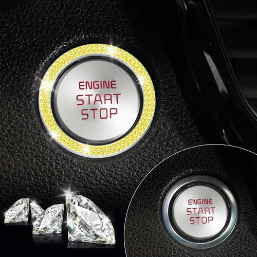LivTee 2 PCS Crystal Double Rhinestone Car Engine Start Stop Decoration Ring, Bling Car Interior Accessories for Women, Push to Start Button Cover Sticker, Automotive Decals, Lemon Yellow