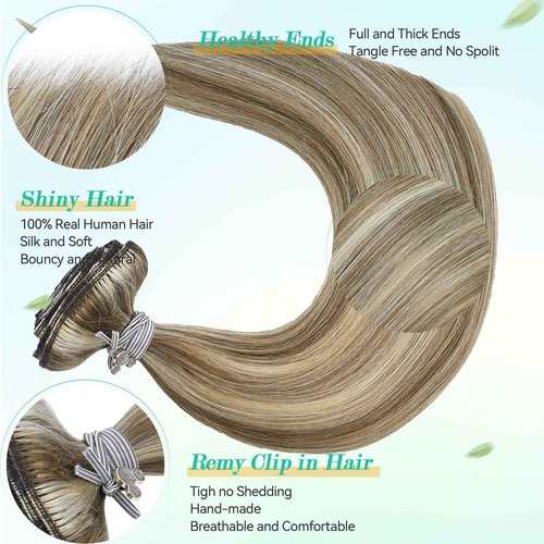 Ukira Blonde Hair Extensions Real Human Hair, 18 Inch 120g 7pcs 18/60 Ash Blonde Highlighted Bleach Blond Clip in Hair Extensions, Natural Straight Remy Human Hair Clip in Extensions for Women