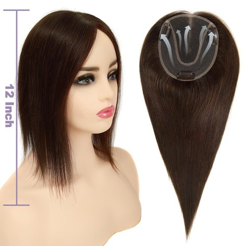 Topunique Hair Toppers for Women Real Human Hair, 4.5x5 Inch Swiss Lace Base No Bangs Top 12 Inch Length #4 Medium Brown