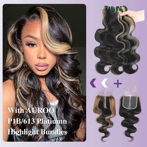 AUROO Honey Blonde Highlight 5x5 Lace Closure Only Human Hair Body Wave, 12A Virgin #27 Ombre Skunk Stripe HD Transparent Lace Closure Pre Plucked with Baby Hair Larger Parting (150% Density, 12 IN)