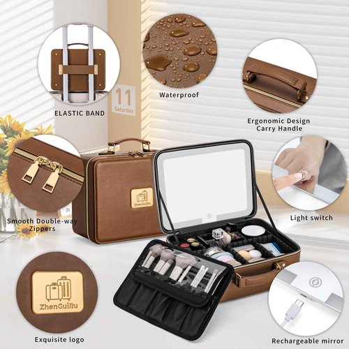 Gdsshuhung Makeup Bag with LED Mirror & Magnifier, Large Cosmetic Organizer Travel Makeup Case with Adjustable Brightness & 6 Detachable Dividers, Portable Makeup Storage for Women Girls (Brown)