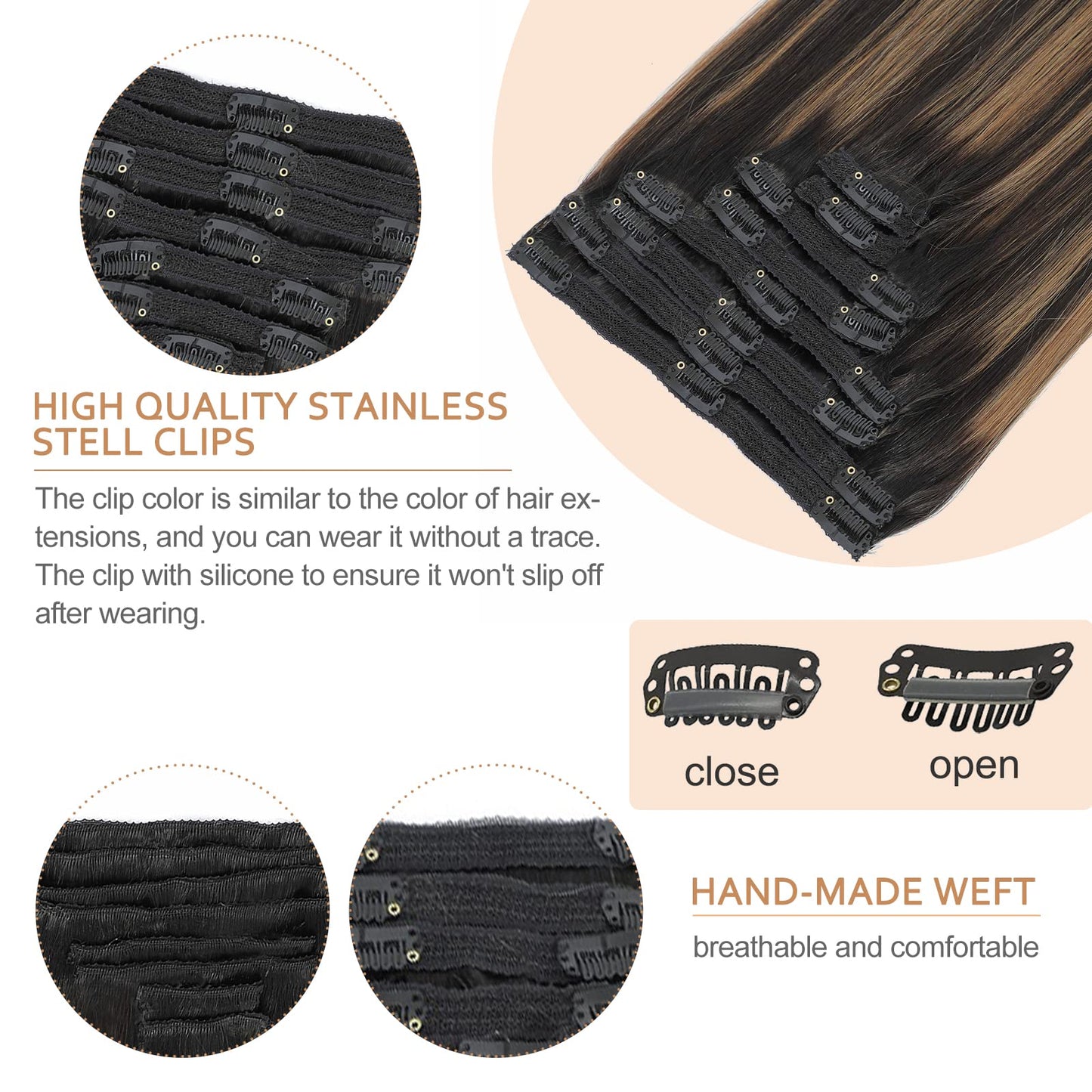 Goulus Human Hair Extensions Clip in 8PCS 120g Balayage Natural Black Mixed Chestnut Brown Remy Human Hair Clip ins Hair Extensions Real Human Hair Extensions(1B/6/1B,16inch)