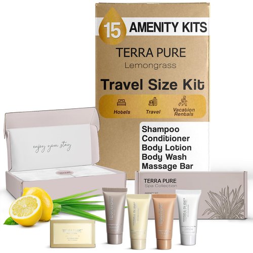 Terra Pure Spa Collection Amenity Kit | Hotel Bulk Toiletries | 0.85 oz Shampoo, Conditioner, Lotion, Body Wash, Massage Bar for Guest Hospitality Vacation Rentals | 15 Sets/Case