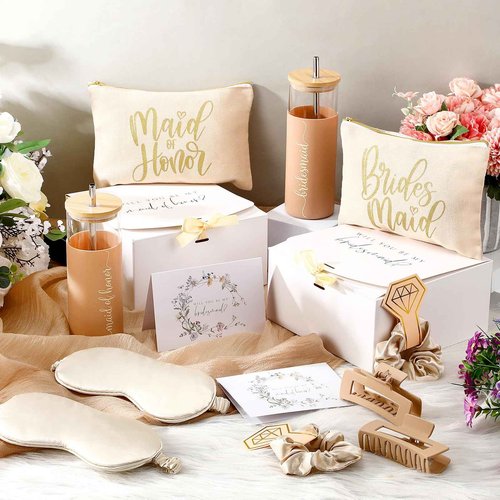 Tioncy 42 Pcs Bridesmaid Proposal Gifts Bridal Shower Wedding Gift Box Makeup Bags Invited Cards Tumblers with Lids and Straw Scrunchies Eye Mask Hair Clips for Maid of Honor(Champagne)