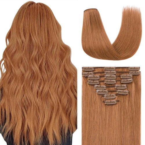 TESSHAIR Clip in Hair Extensions Real Human Hair 16 Inch Human Hair Clip in Extensions Light Auburn Hair Extensions Clip ins Double Weft 100% Real Human Hair Extensions 8 PCS 65g #30