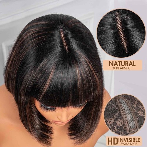 FFEGG Bob Wig Human Hair with Bangs Glueless 2.5x1 HD Lace Colsure Wigs Human Hair Bob Wig with Brown Highlights, Ready to Go Short Wigs For Women Beginner Friendly（14 Inch bob wig）