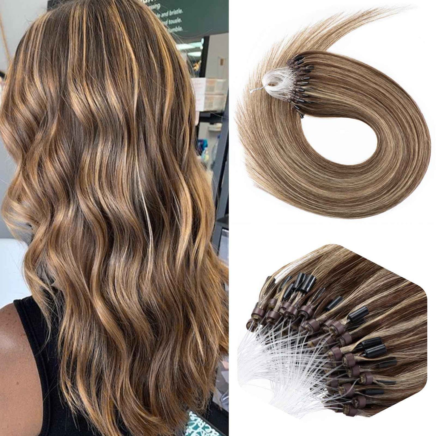 MicroLink Hair Extensions Human Hair Micro Loop Extension 0.5g/Strand 100 Strands 50g Silky Straight Micro Link Human Hair Invisible Micro Bead Hair Extensions 20 Inch, #4/613 Brown Mix with Blonde