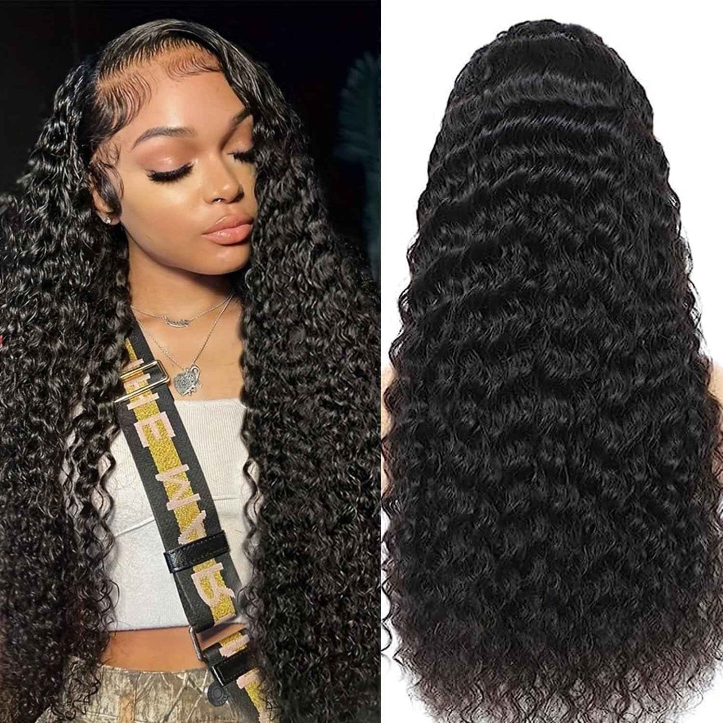 Giginger T Part Lace Frontal Closure Wig 26 Inch Deep Wave Wigs Human Hair 200% Density Real Full Large Lace Space 4X1 Natural Black Deep Wave Wigs Human Hair Pre Plucked For Black Women