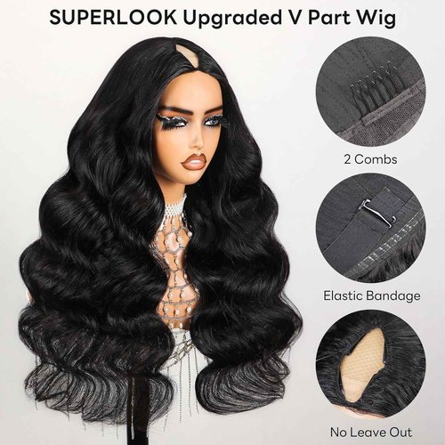 SUPERLOOK V Part Wig Human Hair Body Wave Glueless Wigs Human Hair Clip in V-Part Wigs Beginner Friendly No-Sew In No Glue Upgrade U Part Human Hair Wig 210% Density (20Inch,V Part Body Wave Wigs)