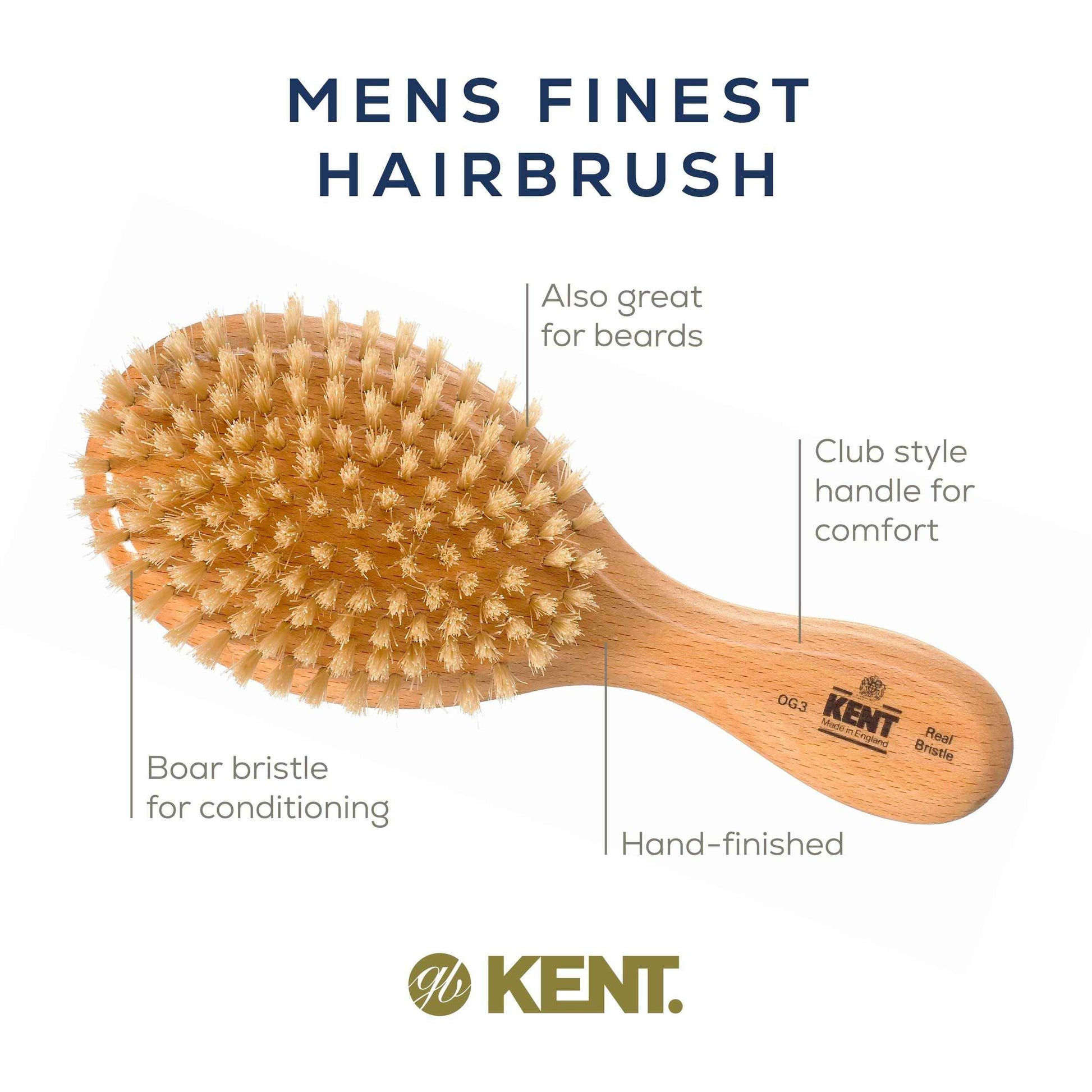 Kent OG3 Finest Men's Hair Brush and Facial Brush for Beard Care - 100% Natural White Boar Bristle Brush for Mens Grooming, Scalp Brush, 360 Wave, and Beard Straightener For Men's Hair Care