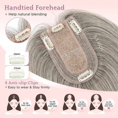 SEGO Grey Hair Toppers for Women Real Human Hair No Bangs, Salt and Pepper Hair Topper, 7 * 13 CM Silk Base Clip In Top Pieces -10 Inch G3 Light Grey Mix