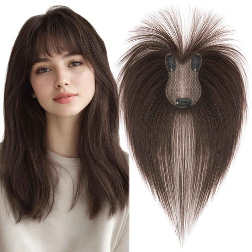 Elailite Human Hair Toppers for Women Real Human Hair Topper with Bangs Hand-Tied Thin 8 * 11CM Lace Base Light Weight Clip in Remy Hairpieces 11 Inch Chocolate Brown