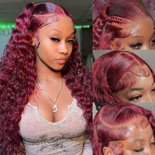 Burgundy Wig Human Hair 99j Burgundy 13x6 HD Transparent Deep Wave Lace Front Wigs Human Hair 180 Density Pre Plucked Brazilian Virgin Red Wig Human Hair For Black Women (99j Burgundy, 20 Inch)