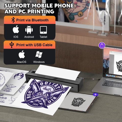 New Tattoo Stencil Printer - Wireless Bluetooth Thermal Kit with 10 Transfer Papers, Fits Custom-Size A4-A8 Width Thermal Paper, Works for Phones/Tablets/PC/Mac, for Artists & Beginners (Black)