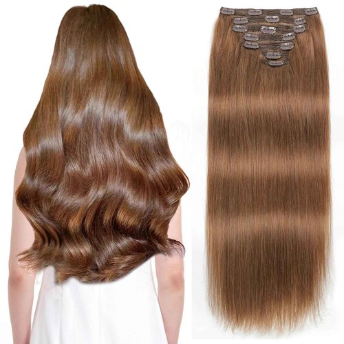 Sisily Clip in Hair Extensions Real Human Hair, 20 inch 160g, Medium Light Brown, 100% Brazilian Remy Human Hair Clip in Extensions Soft Straight 7pcs Per Set with 16 Clips Double Weft