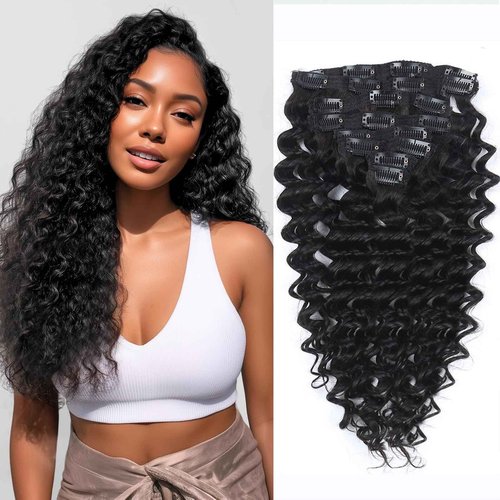 Curly Clip in Hair Extensions Real Human Hair 18inch 120g Invisible & Seamless 100% Brazilian Remy Human Extension Deep Wave Clip ins Extensions Double Weft 8 PCS with 20 Clips Natural Black