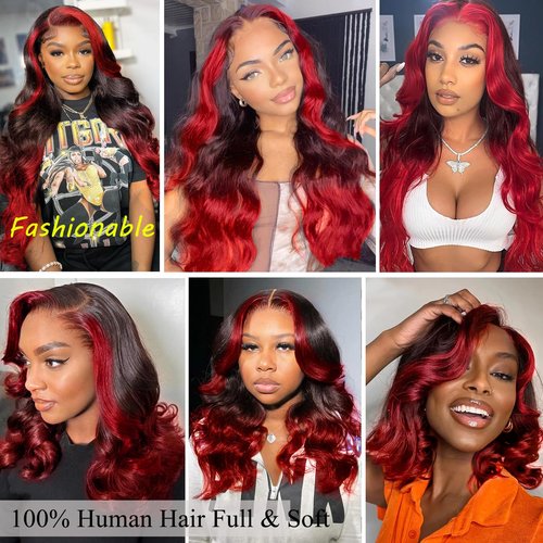 YMS Ombre Red HD Lace Front Wigs Human Hair 180% Density Highlight Human Hair Wigs for Women Skunk Stripe Glueless Wig Pre Plucked 14 Inch Black and Red Colored 13x4 Lace Frontal Wig