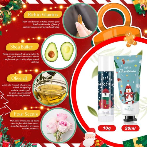 Heigble 60 Set Christmas Hand Cream Gift Set, Including Moisturizing Hand Lotion, Xmas Lip Balm, Gauze Bags, Thank You Cards Natural Fragrant Bulk Christmas Gifts for Coworkers Employees Stuffers