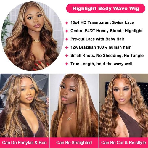 KKU Highlight Ombre 13x4 Lace Front Wigs Human Hair Pre Plucked 22 Inch HD Transparent 4/27 Honey Blonde lace frontal Wigs with Baby Hair 180% Density Body Wave Wig with Baby Hair