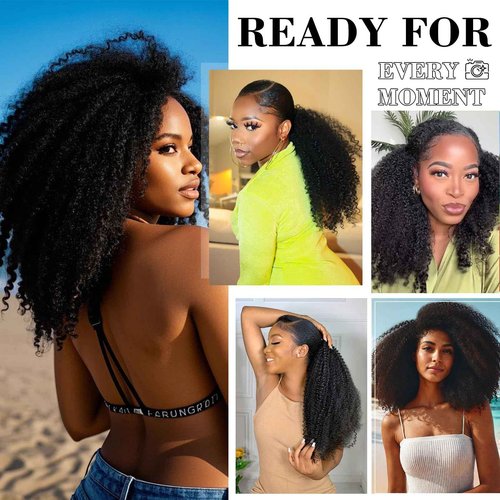 Domiso Afro Kinky Curly Half Wig Human Hair Seamless Kinky Curly 3 In 1 Half Wig Flip Over Beginner Friendly Glueless Wear & Go Drawstring Heandband Clip in Wig No Sew In Black Color 20 Inch
