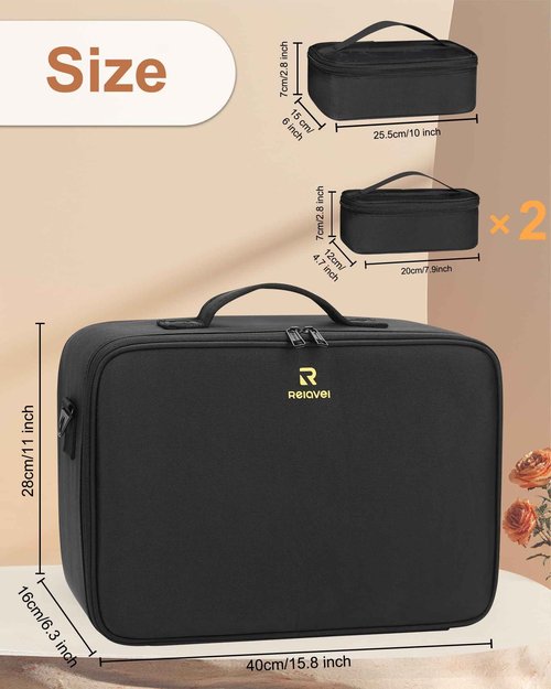 Relavel Large Makeup Bag with 3 Removable Pouches, Travel Train Case Cosmetic Organizer Carrying Box for Makeup Artists Hairstylist with Adjustable Dividers, Brush Holder and Shoulder Strap, Black