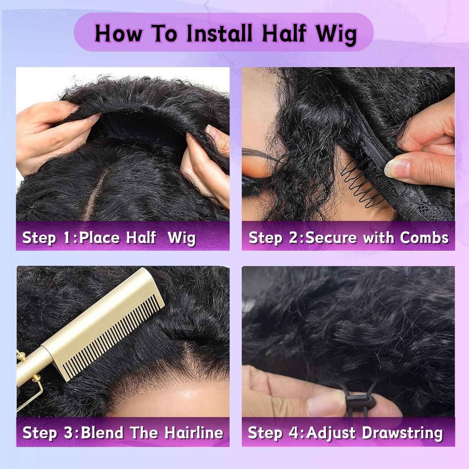 Glimeer Half Wig Human Hair Deep Wave 3 In 1 Drawstring Seamless Filp Over Curly Half Wig 200% Density Wear and Go Glueless Half Wigs for Black Women Natural Color 18 Inch