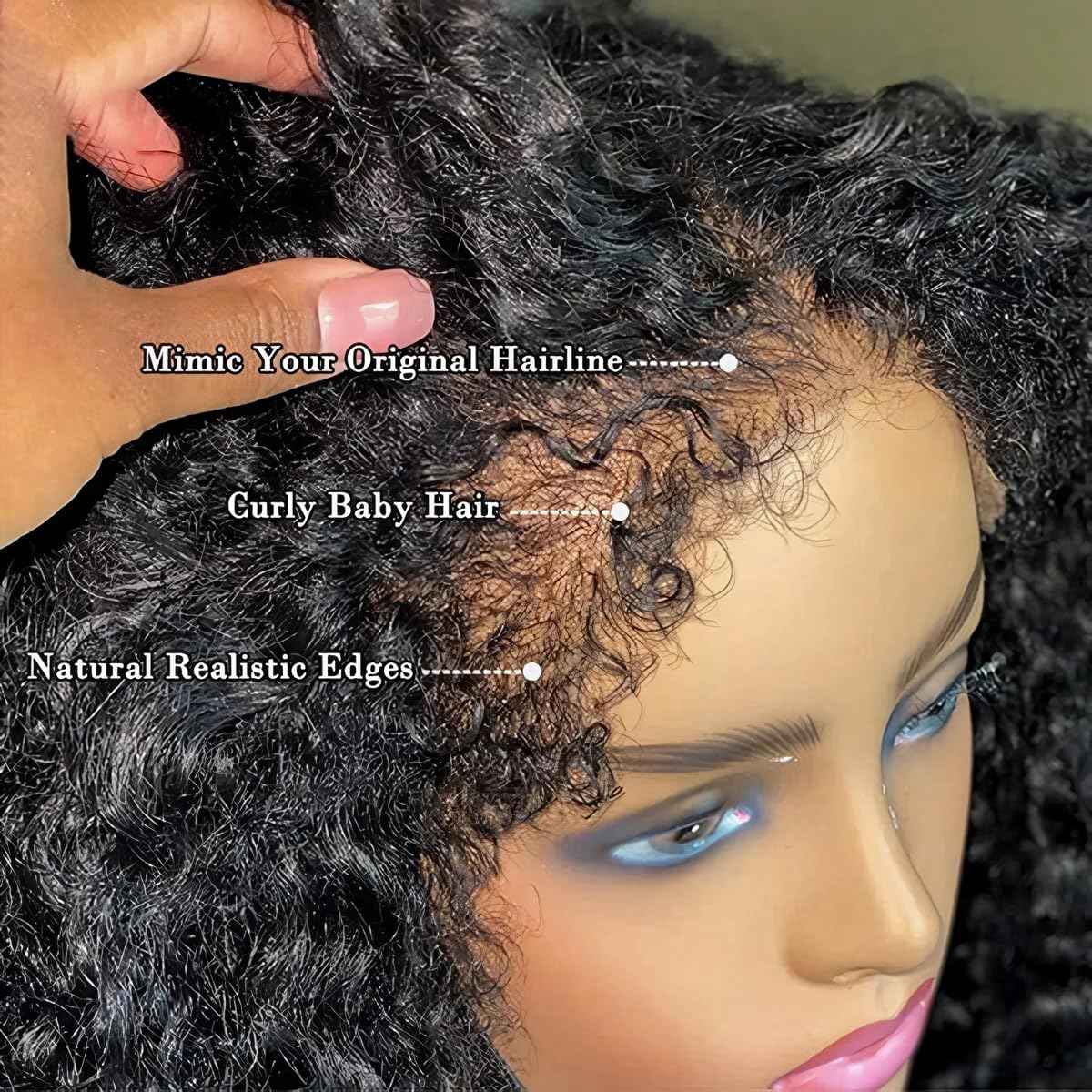 4C Edges Kinky Curly Lace Front Wigs Human Hair 13x4 HD Transparent Lace Frontal Wigs with Curly Edges Baby Hair, Deep Wave Curl Wig Pre-Plucked Hairline 180% Density 16 inch