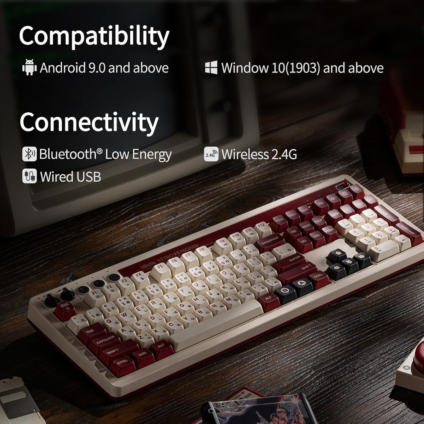 AKNES 8BitDo Retro 108 Mechanical Keyboard, Hot Swappable Gaming Keyboard with 108 Keys, Integrated Numpad, Dual Super Buttons, Bluetooth/2.4G/USB-C for Windows & Android - Fami Edition