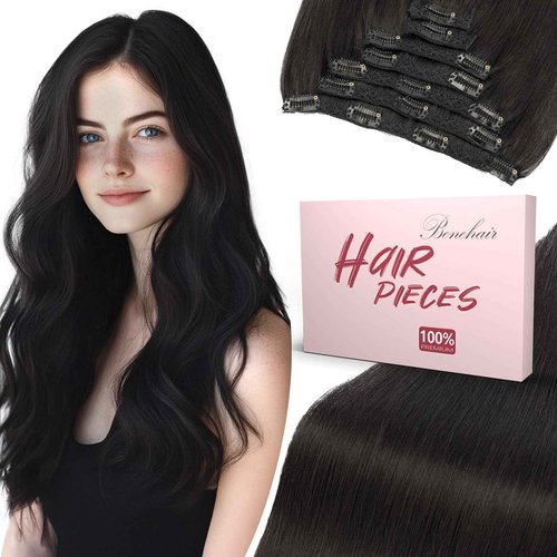 Benehair Clip in Hair Extensions Real Human Hair 22inch Double Weft Natural Black Hair Extensions Clip in Human Hair Invisible Lace Weft Straight Hair Extensions Clip ins 7pcs with 16 Clips 130g #1B
