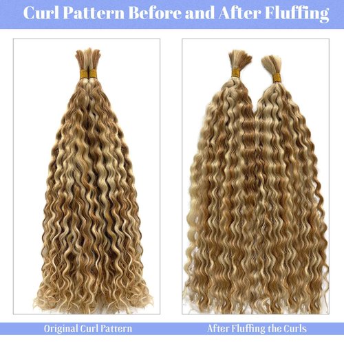 P27/613 Blonde Human Braiding Hair Deep Water Wave Bulk 26 Inch Long Curly Bundles Human Hair Color 27 and 613 Blonde Boho Human Hair for Braiding Highlights Blonde Boho Braids Bundles No Weft